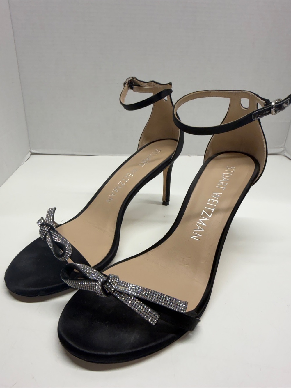 Stuart Weitzman Nudist Bow High Heel Sandals Shoes Open Toe Satin Jewel Black 9